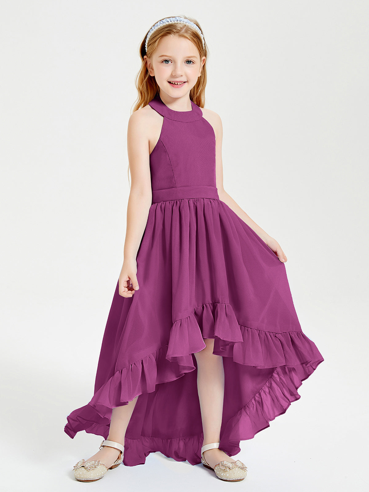 Trendy Boho Junior Bridesmaid Dresses Asymmetrical Cascading Skirt Orchid